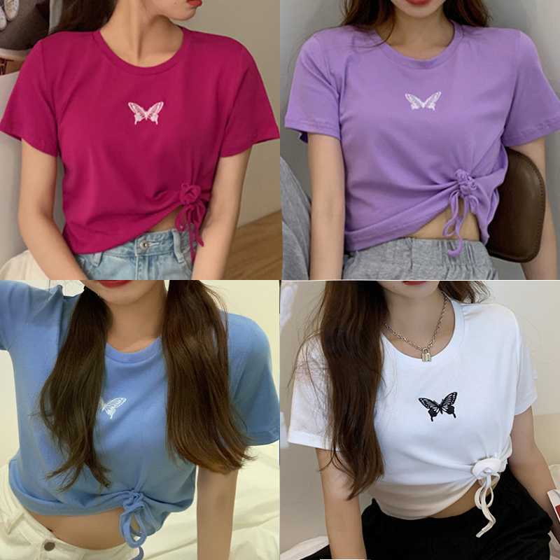 Real price real shot 2021 short high waist Butterfly Embroidery T-shirt with round neck and short sleeve top