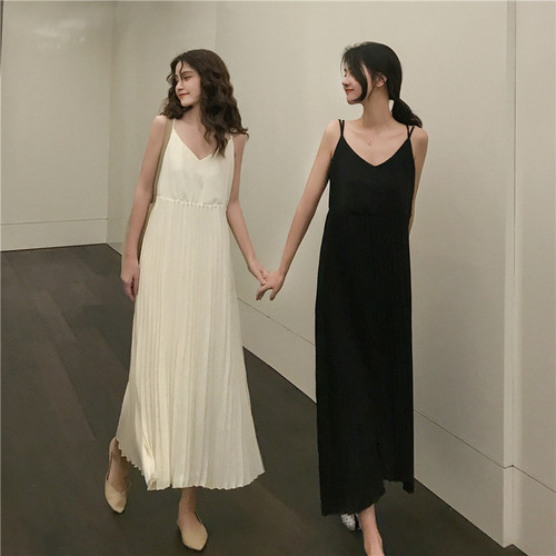 Controlled Price 46 Real Photo Hong Kong-flavored Summer Sexy Suspender Belt Sleeveless Chiffon vest Long Pleated Dresses