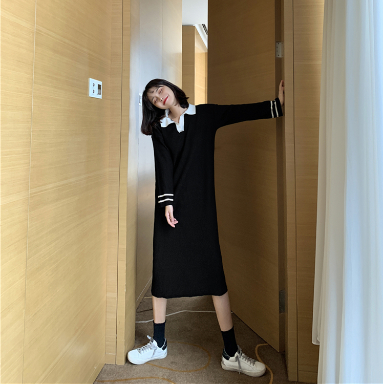 Real time ~ video ~ long sleeve knitted dress with polo collar color contrast stitching in autumn / winter 2020