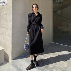 Real shot - Fall / winter 2020 French retro polo collar dress with waist and lace up loose medium length shirt skirt