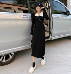 Real shot ~ medium length knitting dress women's new bow bottomed skirt wool dress fall / winter 2020