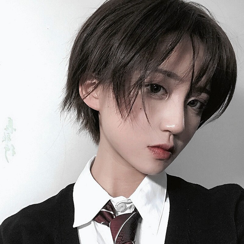 韩版帅气假发女短发男生短发全头套斜刘海短直发伪正太女汉子假毛