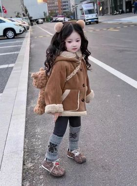 韩版女童宝宝百搭加厚毛毛连帽外套儿童皮毛一体保暖大衣潮31315