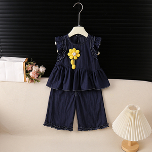 夏季新款女童洋气花朵朵宽肩牛仔套装可爱外出服