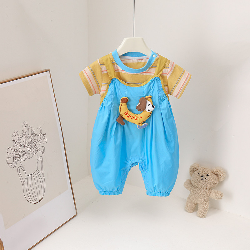夏季新款可爱风男宝宝条纹短袖背带裤套装外出服香蕉小狗背带套