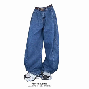 百搭宽松休闲阔腿裤 美式 高腰显瘦时尚 女春秋新款 子 复古弯刀牛仔裤