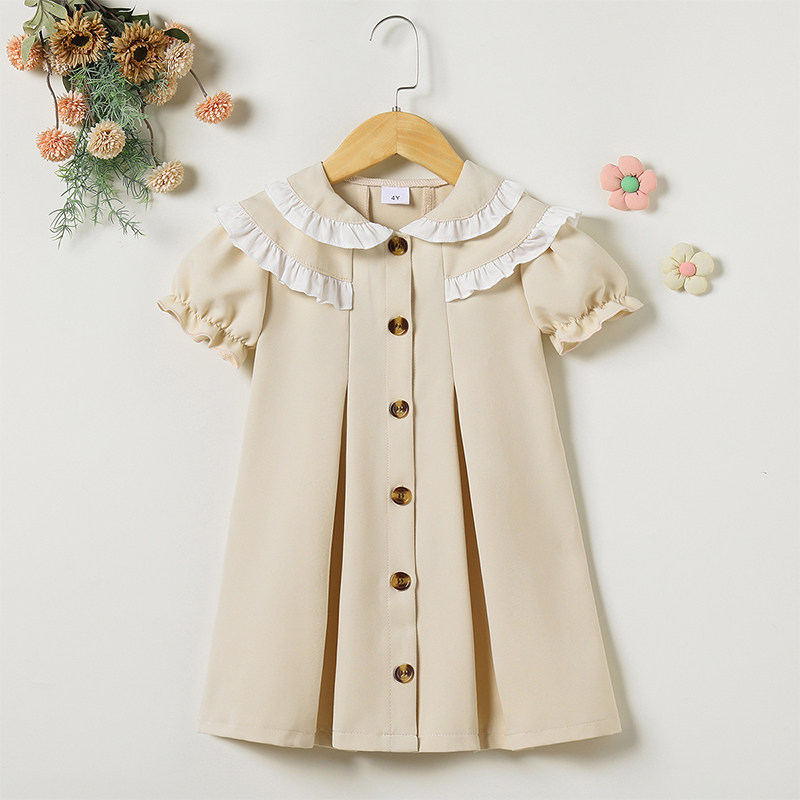 2026年春夏秋甜美风娃娃领连衣裙女童泡泡袖荷叶边排扣短裙百搭