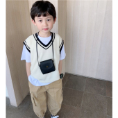 童童妈定制男女童韩版 宽松黑白V领学院风马甲儿童套头背心春秋装