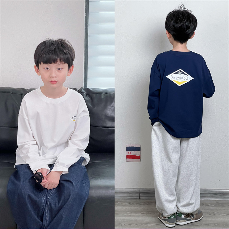 童妈定制男女童韩版宽松纯棉白色深蓝色前后做旧印花长袖T恤秋装