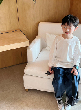 童妈定制男女童韩版宽松纯棉黑白色圆领长袖百搭T恤上衣春秋装