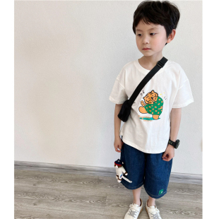 童妈定制男女童韩版 圆领T恤 宽松纯棉白色绿色衣服运动小老虎短袖