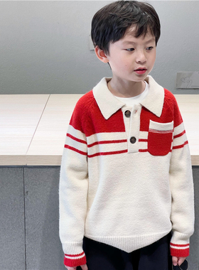 童妈定制男女童韩版宽松奶杏撞红色翻领polo毛衣长袖针织衫秋冬装