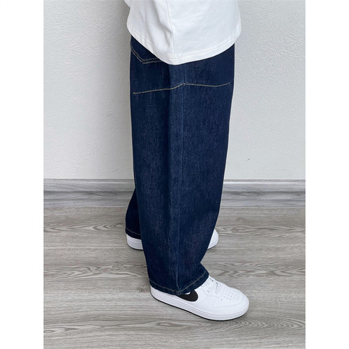 童童妈定制男女童日系宽松水洗深蓝百搭棕色一字线牛仔长裤秋冬装