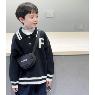童童妈定制男童韩版宽松翻领黑色P毛衣学院翻领polo针织衫秋冬装