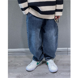 童童妈定制男女童日系宽松双层加绒蓝灰宽松磨白牛仔潮长裤秋冬装