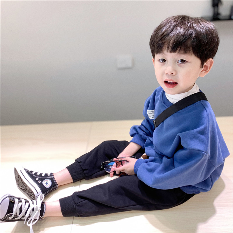 童童妈定制男童韩版宽松薄绒贴标卫衣宝宝韩版宽松上衣洋气秋冬装