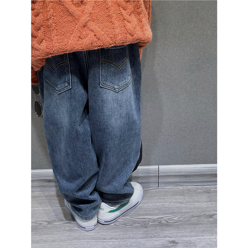 童童妈定制蓝灰一体绒磨白牛仔裤