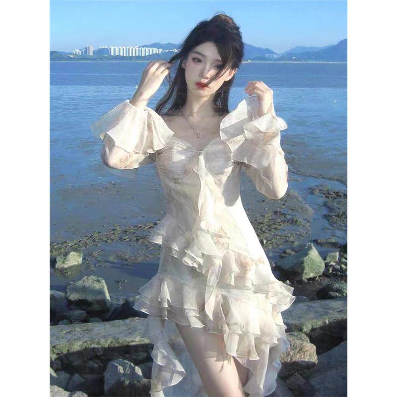 法式绝美海边度假雪纺连衣裙仙女秋季拖尾公主生日party小礼服裙