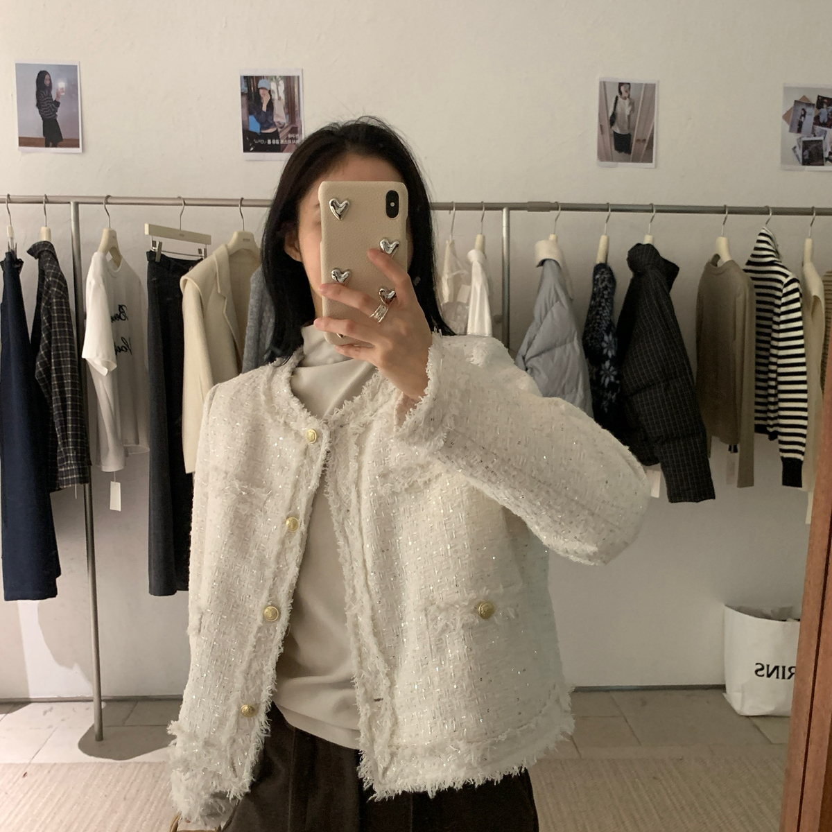 静茹山茶韩标Camellia｜法式小香风粗花呢亮片充绒短外套C2219