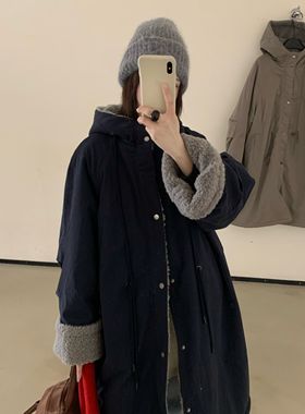 静茹大门设计师款慵懒感内里整片毛毛外套加厚加绒风衣E08316