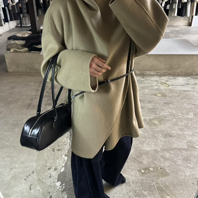 静茹立领暗门襟宽松羊毛外套配腰带含70羊毛K5D1S702