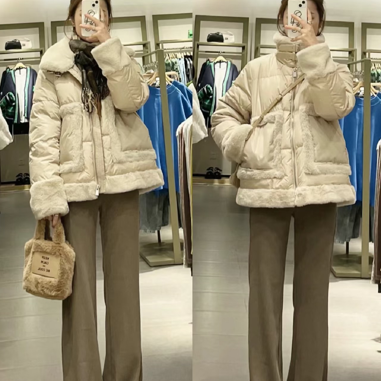 静茹Ur同款立领羽绒皮扣短款宽松设计感外套羽绒服A57942