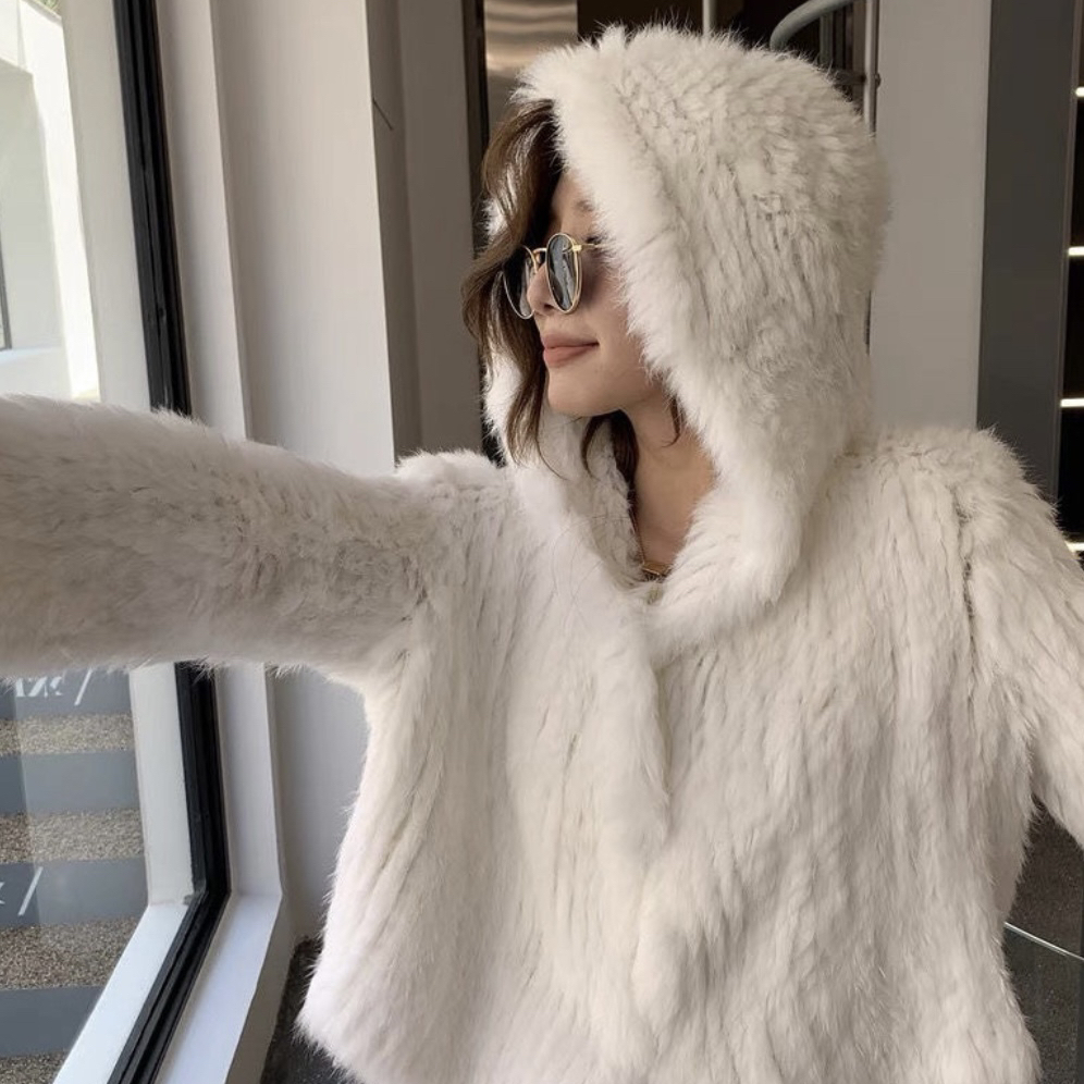 静茹獭兔毛双面编织连帽休闲保暖皮草外套DXJZY392505