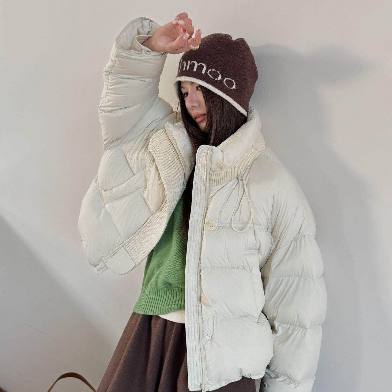 静茹25冬新品拼接针织领宽松泡芙面包保暖羽绒服外套coco针织领