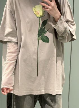静茹26早春上新小众设计黄玫瑰花朵印花做旧假两件长袖T恤15135