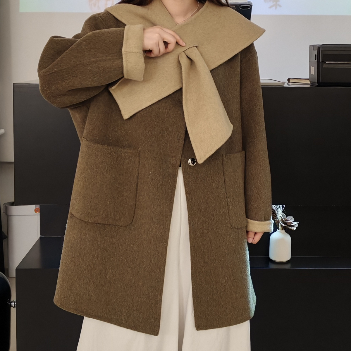 静茹中长款2025新款斗篷型毛呢羊毛外套（含100羊毛）HY