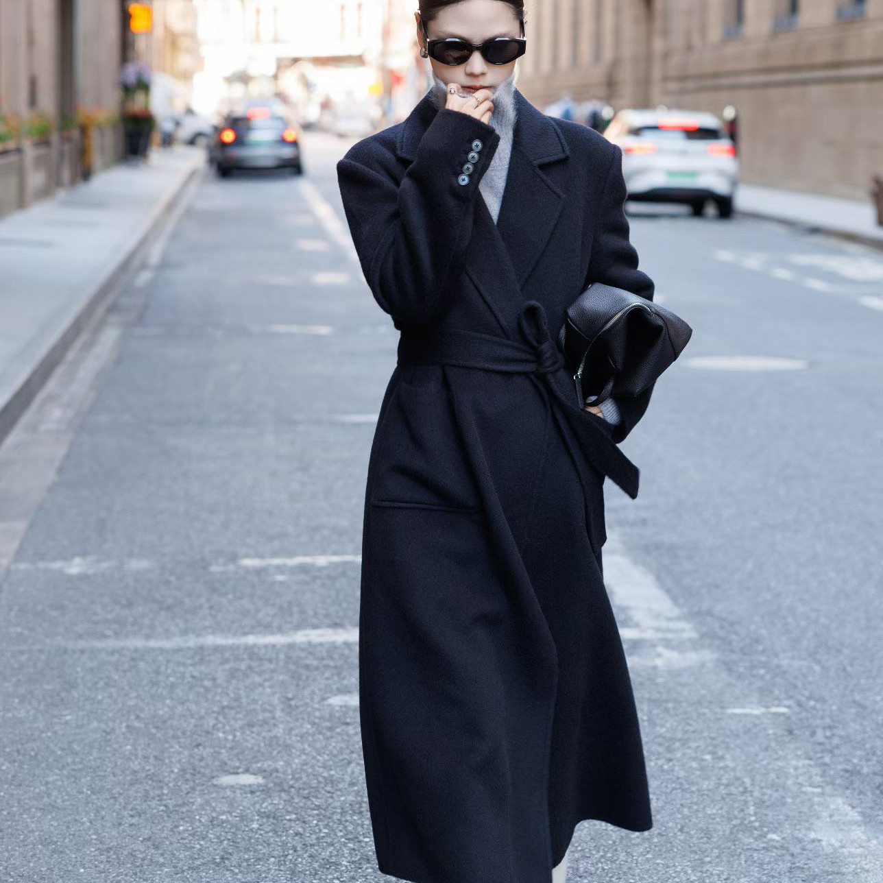 静茹货品100牦牛绒赫本风经典翻领长款大衣(配腰带)安静-66025