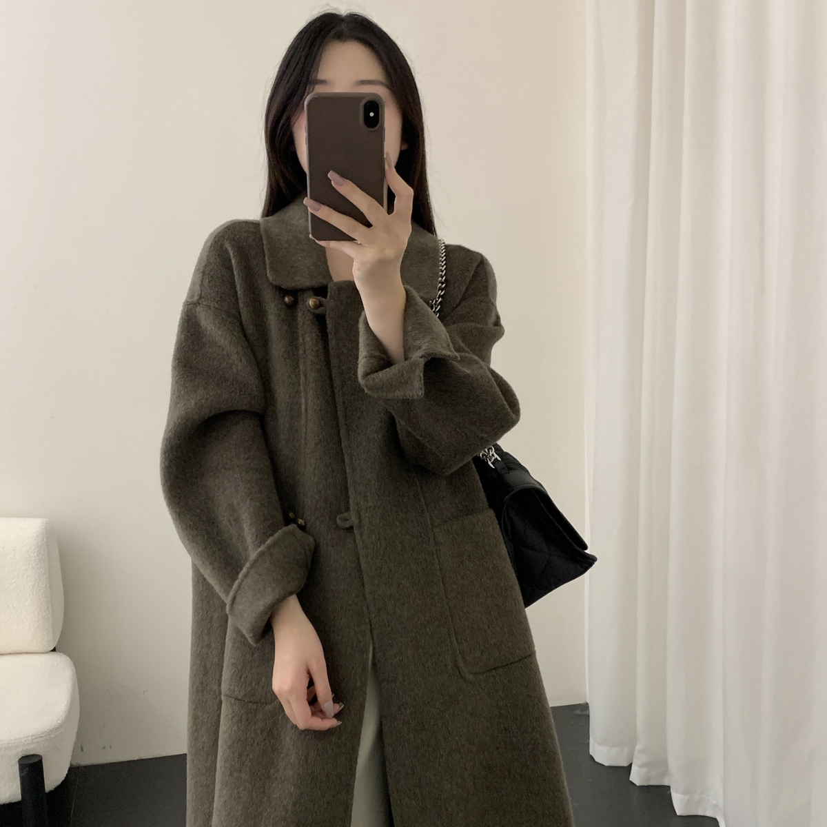 静粉韩系温柔质感控95羊毛韩系极简长款羊毛外套（含95羊毛）735