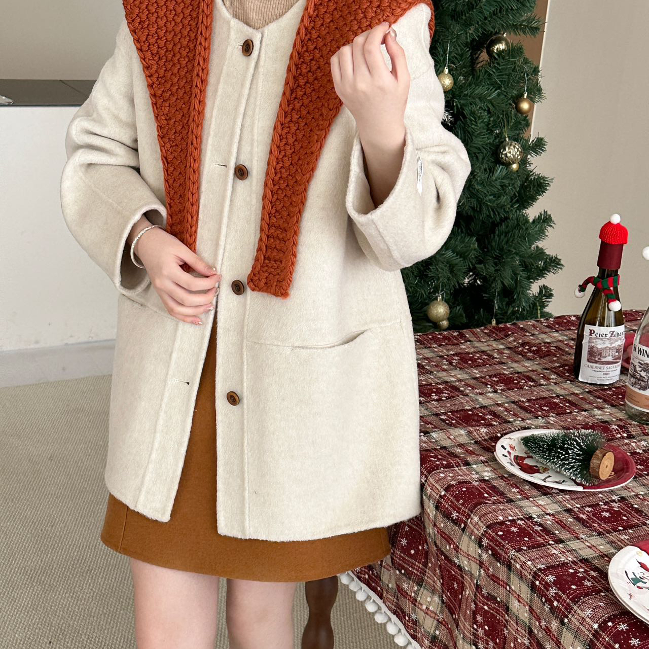 静茹25冬新款羊毛外套(配可拆卸针织领)（含100羊毛）HS
