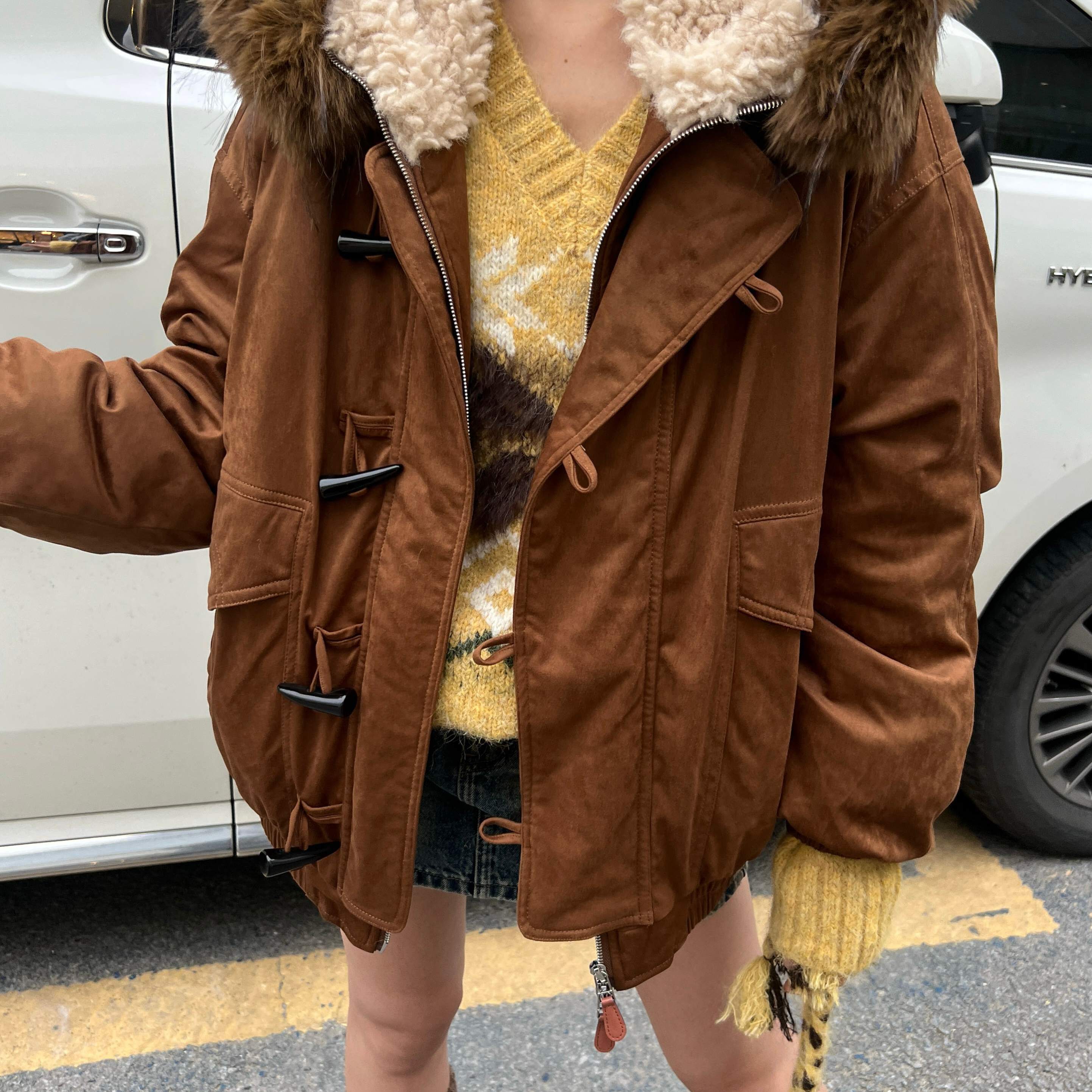 静茹复古牛角扣派克羽绒服仿羊羔毛领保暖羽绒服外套85382