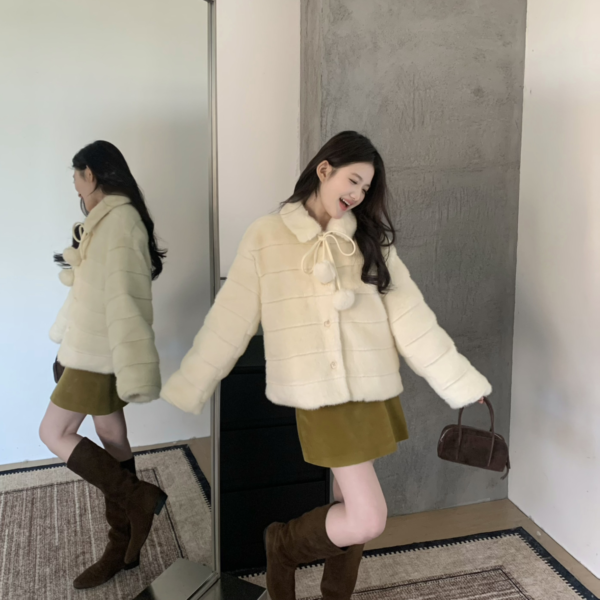 静茹绒韩系女主氛围感横纹毛球保暖外套短外套1473