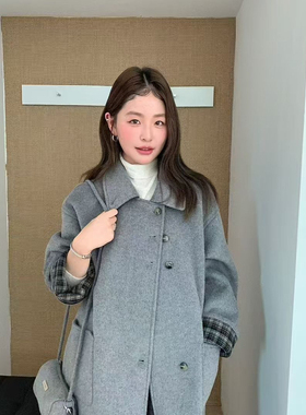 静茹简约韩系翻领宽松长款毛呢大衣(配包包)99053