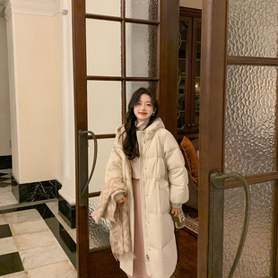 静茹韩剧女主角长款连帽简约收腰保暖羽绒服外套99803