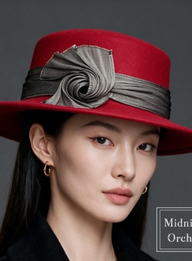 零点兰花秋冬法式轻奢平檐毛呢礼帽女士复古优雅气质百搭保暖帽子