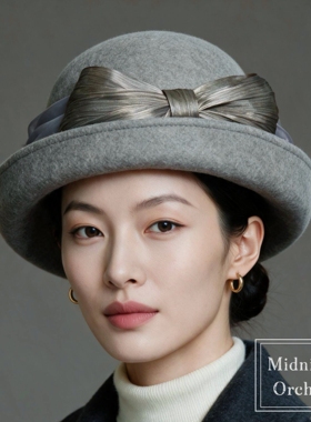 零点兰花秋冬卷边短檐绵羊毛呢帽子女士优雅时尚保暖丝麻毛呢礼帽