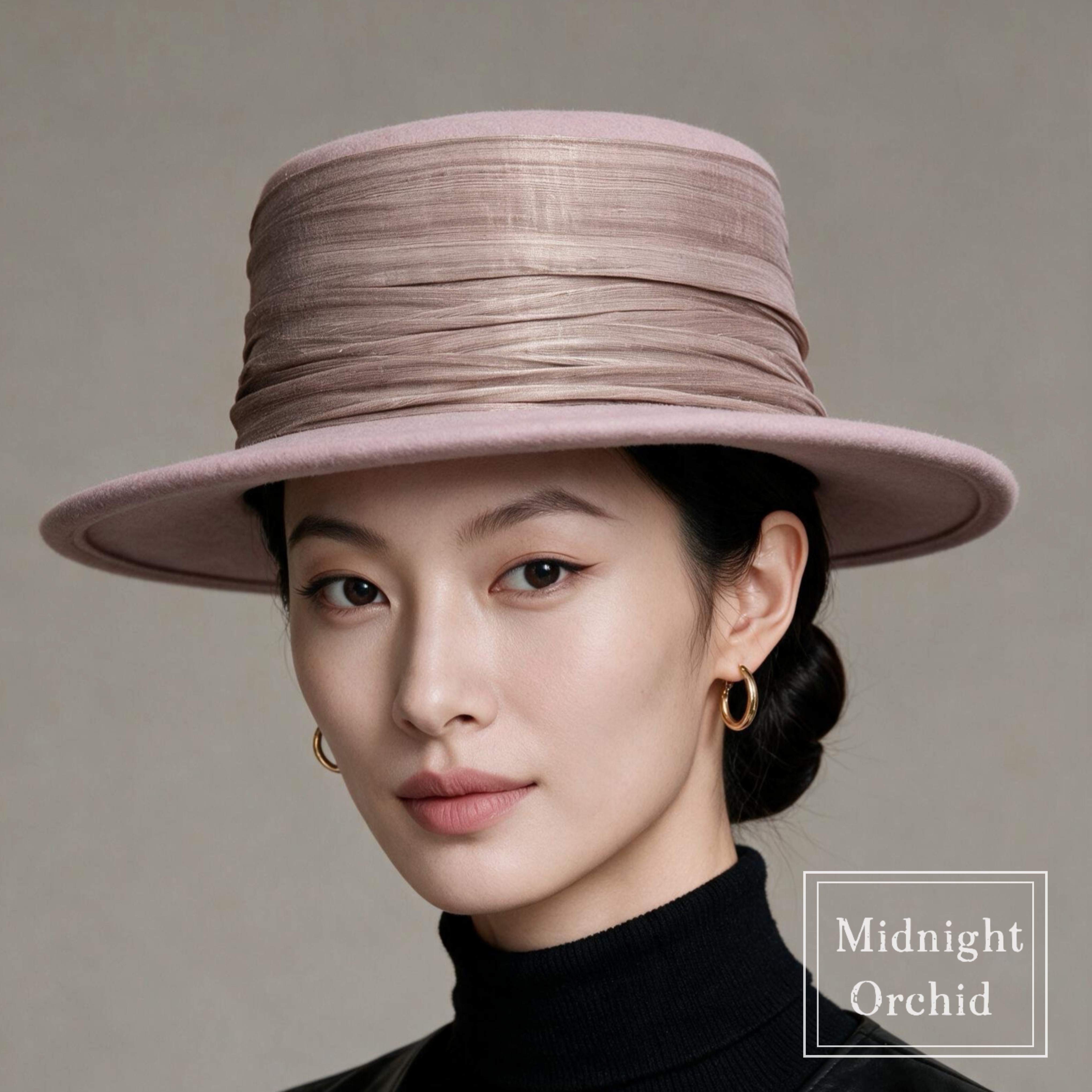 零点兰花秋冬款轻奢丝麻平顶毛呢礼帽子女时尚简约优雅百搭平檐帽