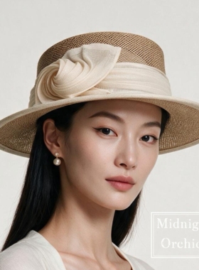 零点兰花春夏法式轻奢黄草小檐平顶礼帽女时尚优雅编织遮阳帽子