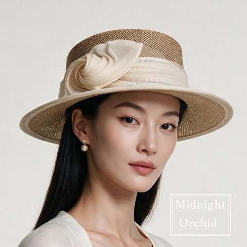 零点兰花春夏法式轻奢黄草小檐平顶礼帽女时尚优雅编织遮阳帽子