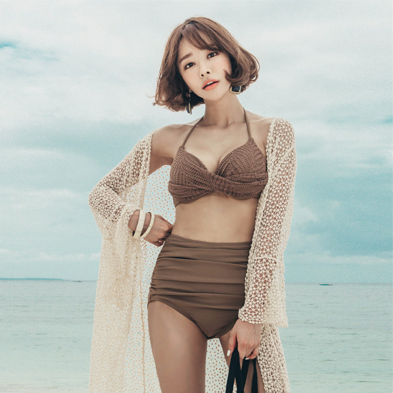 新款韩国性感比基尼小胸聚拢钢托加厚高腰遮肚分体泳衣三件套温泉