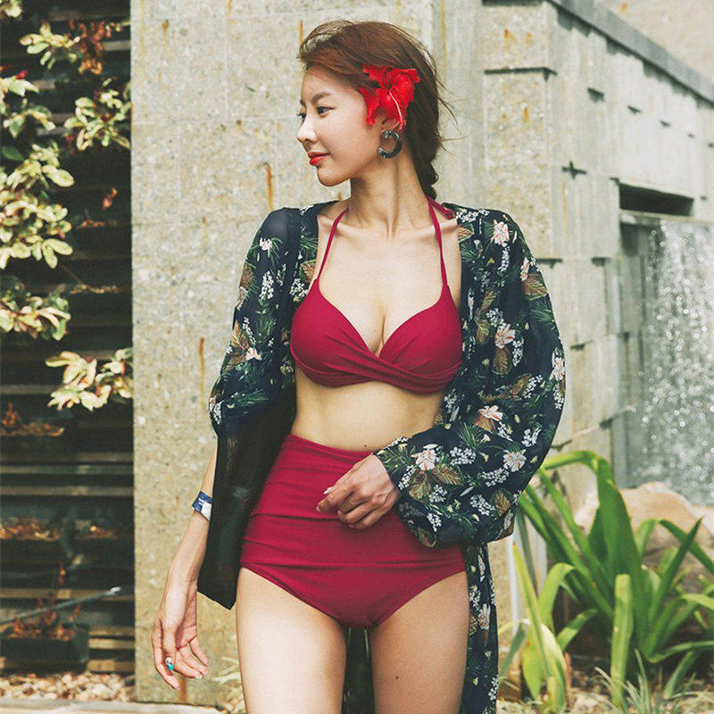 2024新款性感比基尼红色小胸聚拢钢托高腰遮肚显瘦泳衣披纱三件套