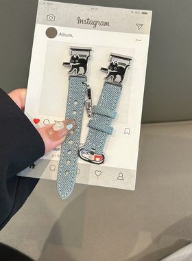 适用三星Galaxywatch8/7/6/5/4手表带Active带刀小猫fit3牛仔布皮