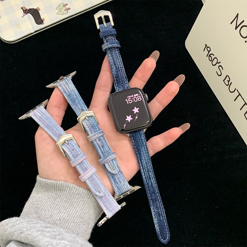 适用苹果手表s11表带iwatch10渐变色牛仔applewatch98765真皮女款