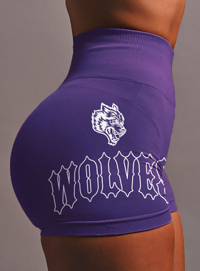 现货Darc欧美狼头印花高腰蜜桃短裤健身运动短裤无缝针织瑜伽裤