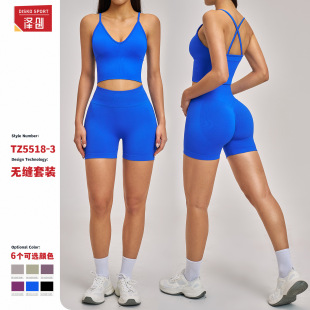 泽创跨境高弹跑步运动套装 女5518 交叉美背紧身健身服无缝瑜伽套装