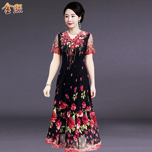 高端專柜刺繡連衣裙夏季 媽媽裝 裙子印花氣質減齡中年女裝 紗裙 時尚