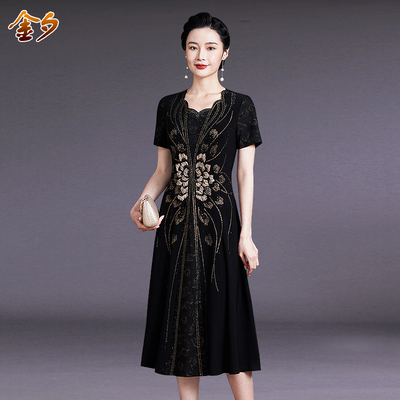 中老年女装钉珠连衣裙大码显瘦